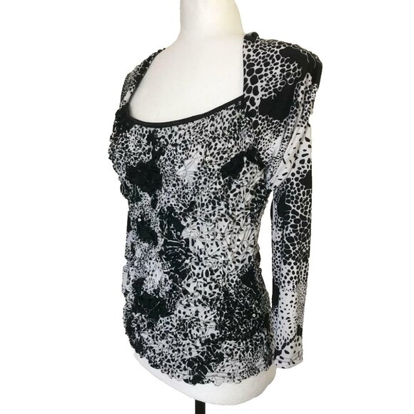 JOSEPH RIBKOFF Top Size 10 Black White Puckered Front Sequins 3/4 Sleeves - Picture 4 of 7